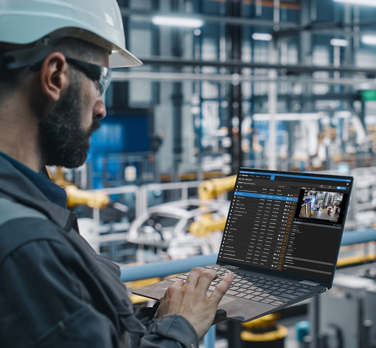 A man wearing a hard hat and using a laptop in an industrial setting