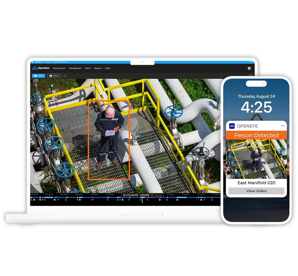 A laptop and mobile phone show video of a man wearing a hardhat and looking at a tablet while standing in an industrial setting