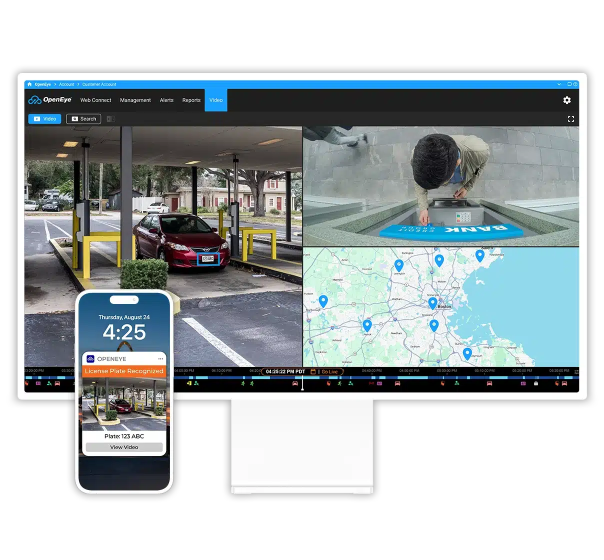 Image of a monitor and mobile phone showcasing OpenEye Web Services for banks with alerts and maps.