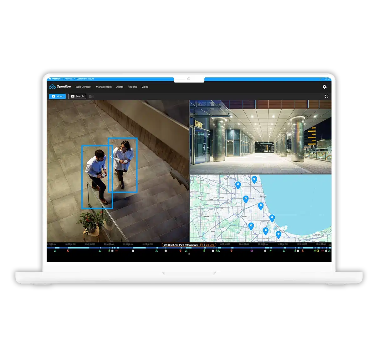 A laptop screen features a map, two individuals walking, and a commercial building's entrance in OpenEye Web Services.