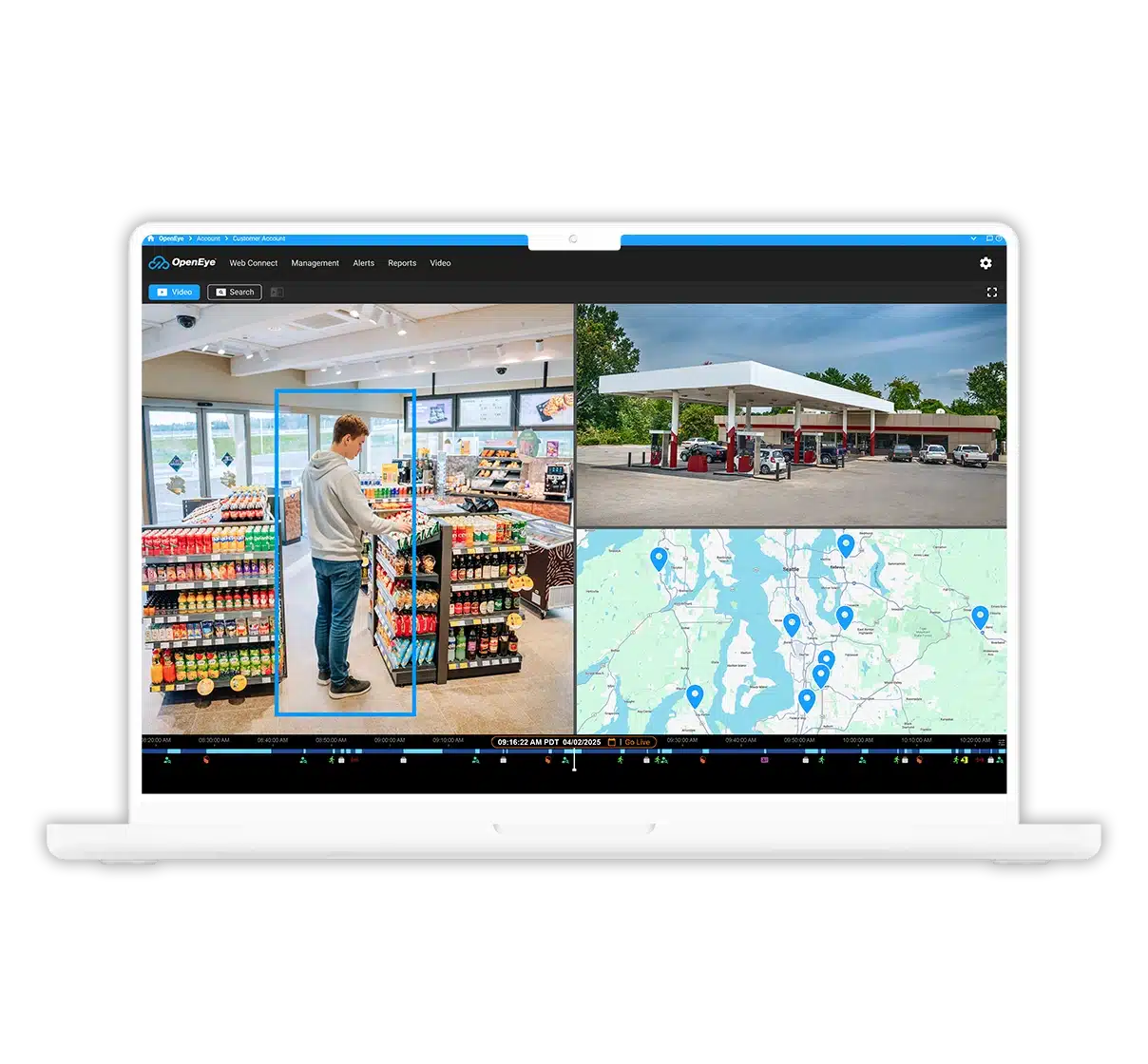 A laptop showing footage from inside a convenience store and a map of store locations within OpenEye Web Services