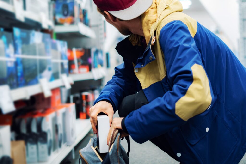 A man in a blue jacket and red hat crouches, placing a stolen cell phone into his backpack.