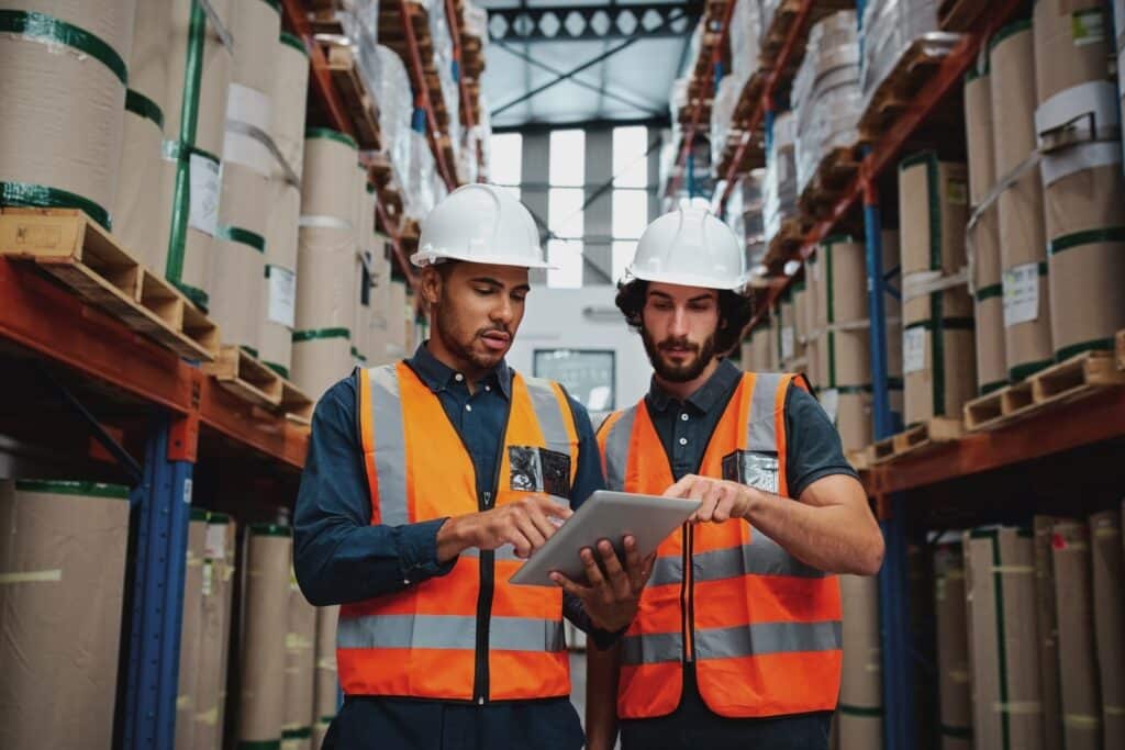 In a warehouse, two men wearing hard hats are engaged in discussion while looking at a tablet.