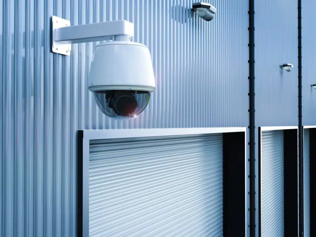 Security camera installed above an exterior warehouse door