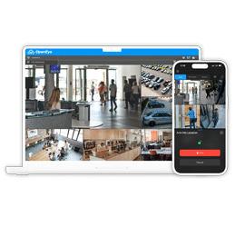 A laptop and smartphone display a security footage in OpenEye Web Services