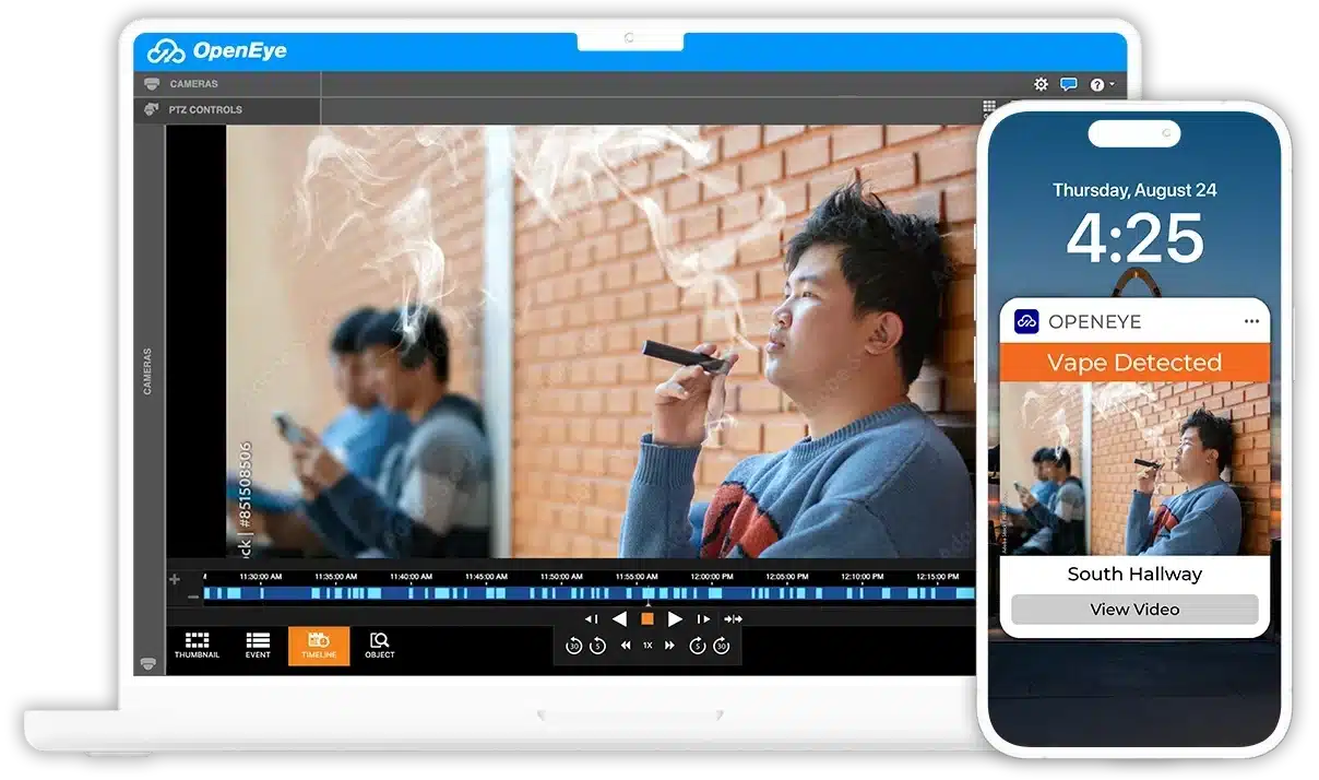 A laptop and smartphone show video of a student vaping on school grounds