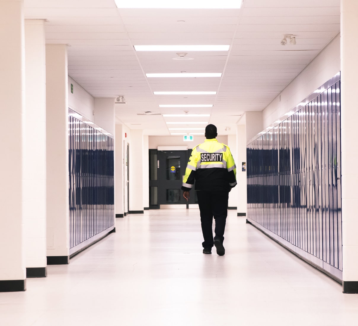 A School Resource Officer walks through an empty school hallway while holding a walkie talkie