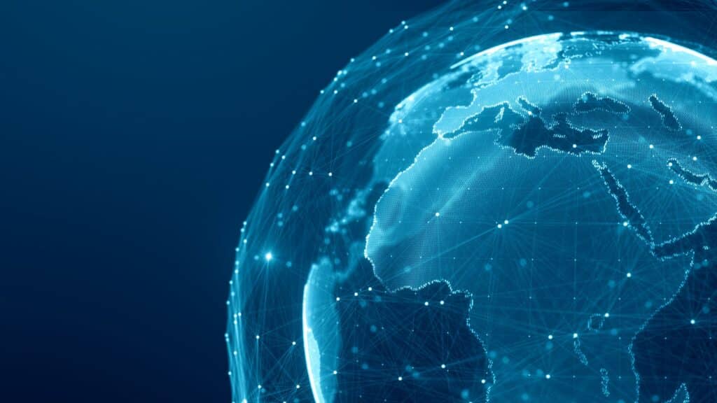 A visual representation of the world interconnected by lines and dots, symbolizing global connectivity and communication.