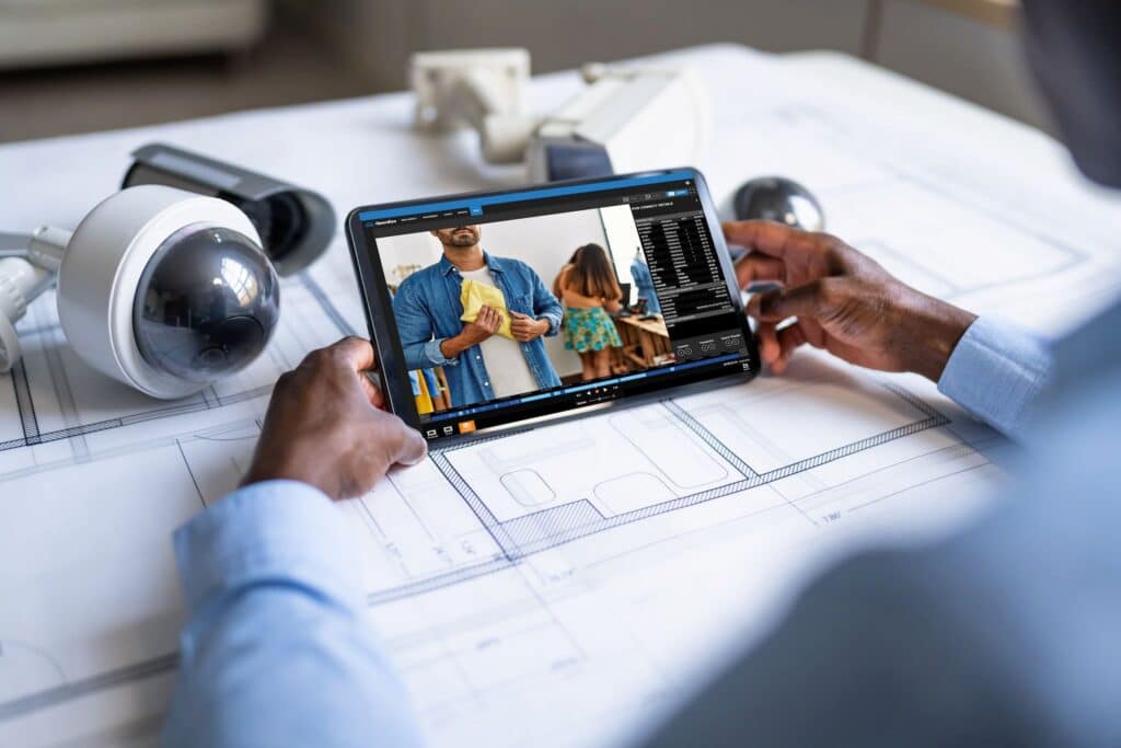 A man uses a tablet to access video from a commercial security system.