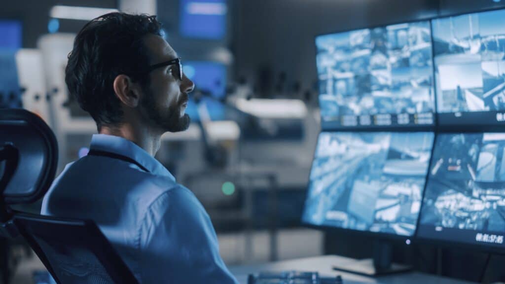 A man seated at a desk, focused on four computer monitors displaying security footage from multiple cameras