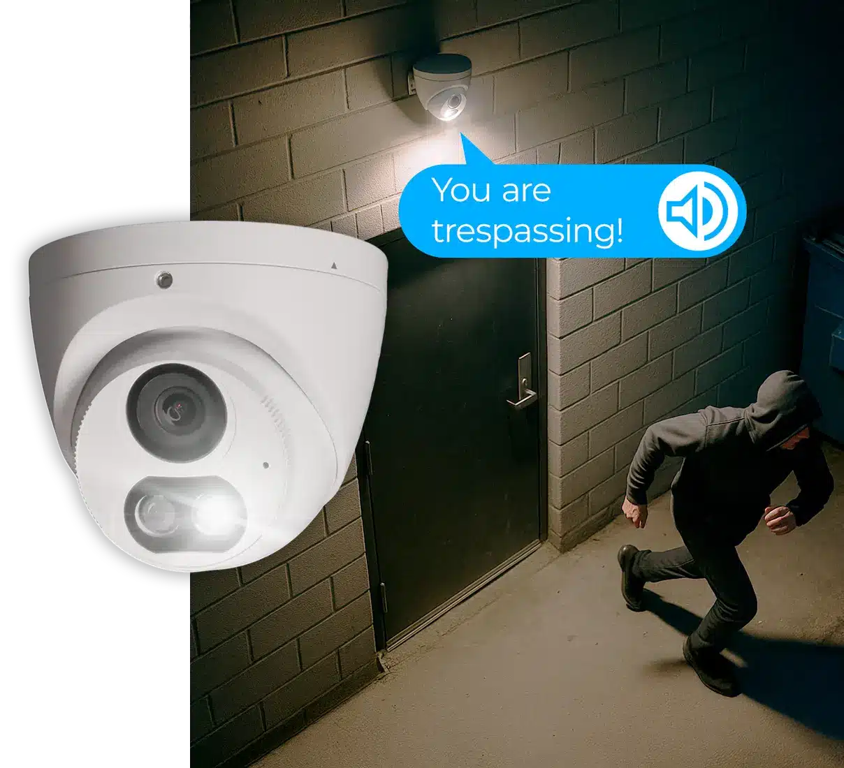 A person wearing a hoodie sprints away from a door, while a security camera with audio capabilities warns, "You are trespassing!"