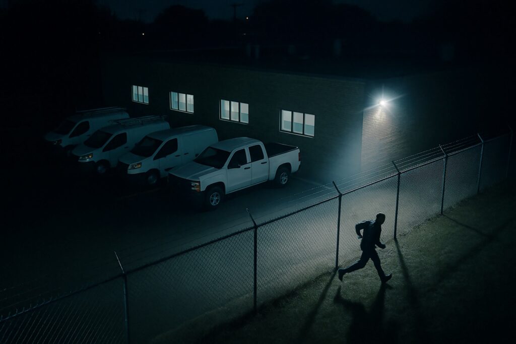 A man runs in front of a camera at night, illuminated by the camera's bright white light