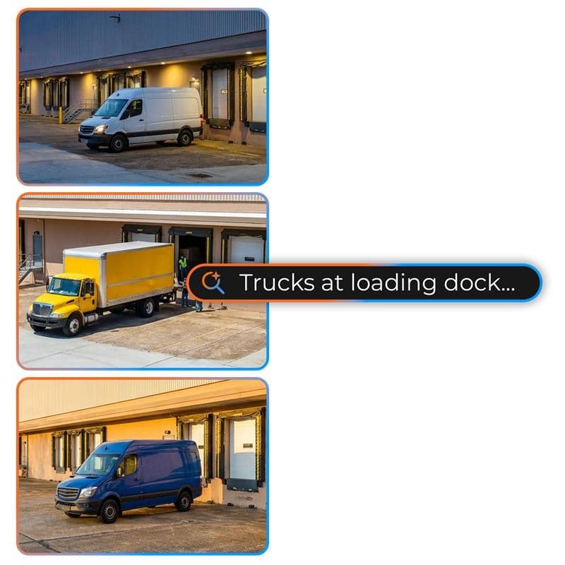 An OWS visual search for "trucks at loading dock" returns three images showing commercial trucks and vans parked in a loading bay