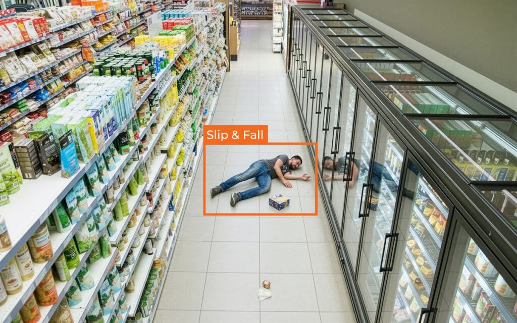 A man is sprawled on the floor of a supermarket aisle
