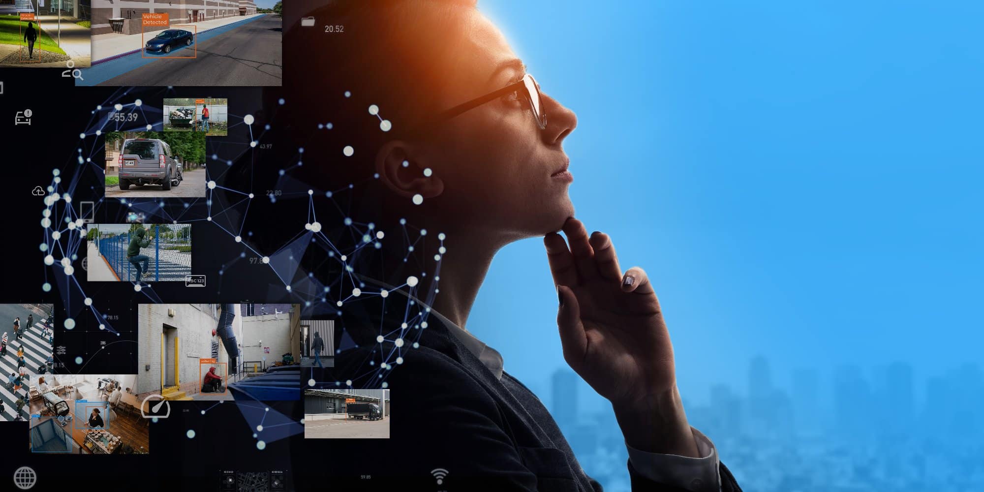 A conceptual image of a person wearing glasses surrounded by images of AI video analytics use cases