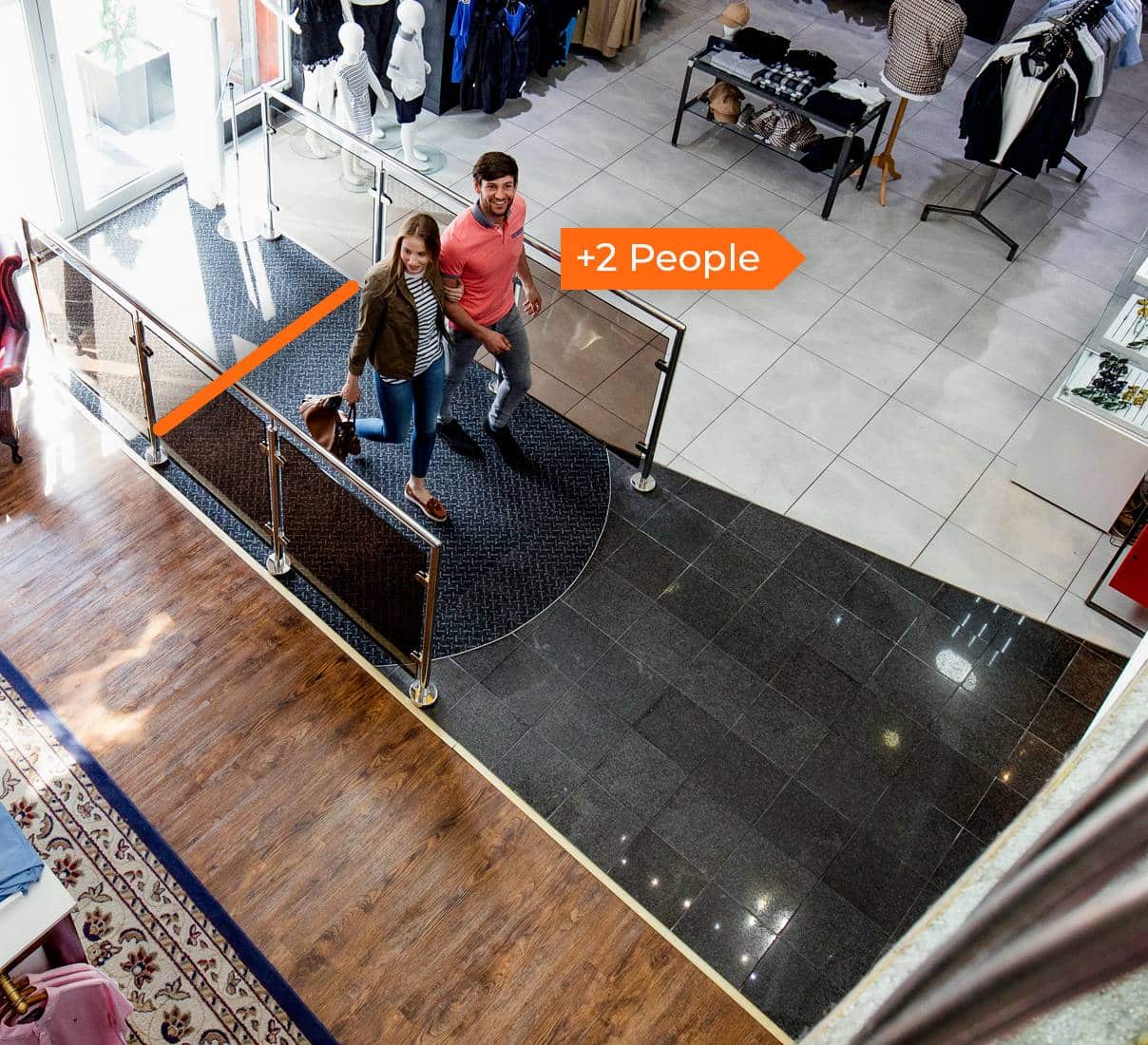 An OWS traffic count alert shows two people entering a clothing store