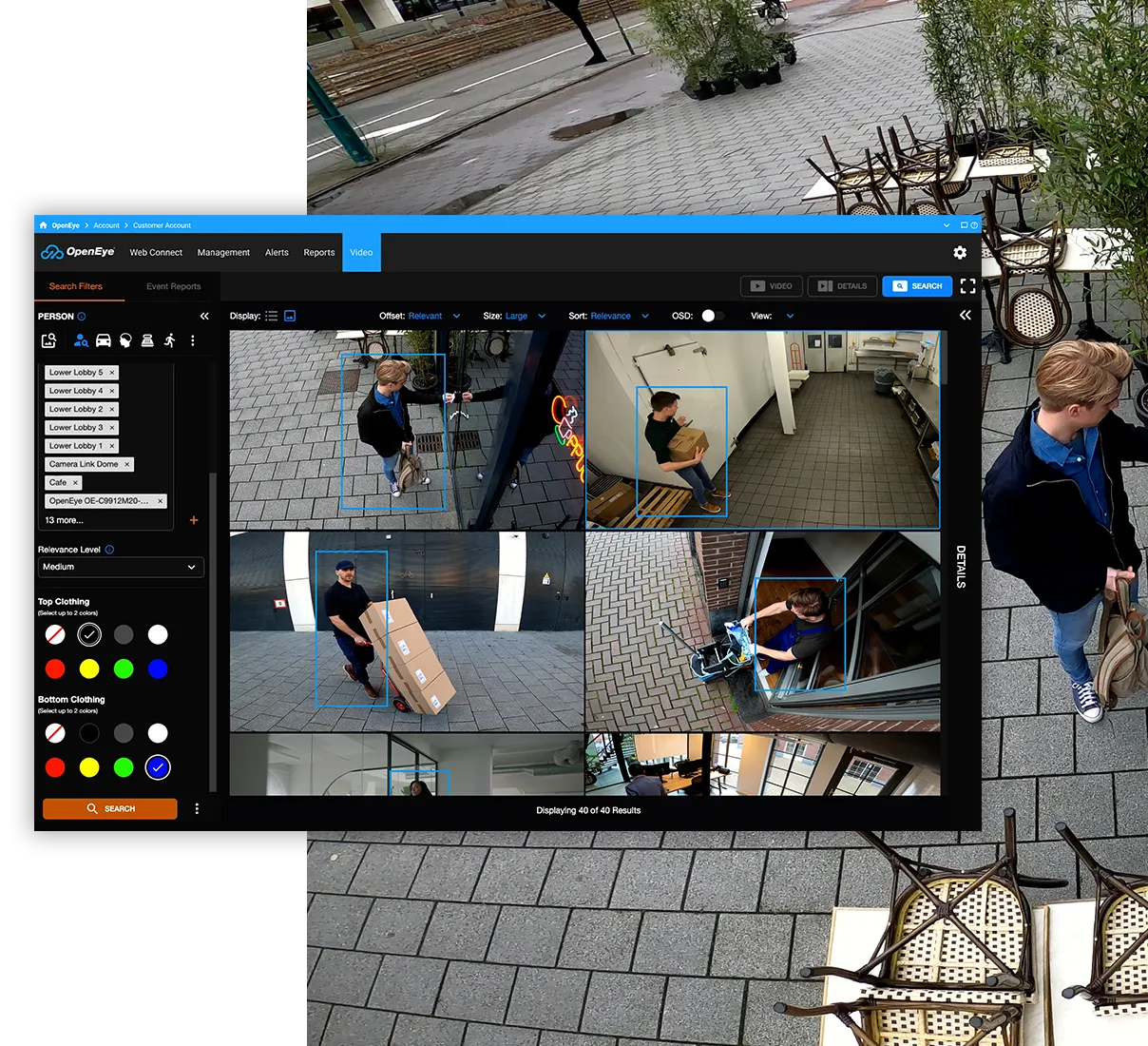 A screen displays OWS similarity search results of showing people wearing black shirts