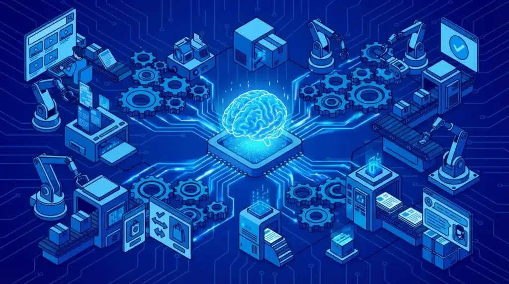 Illustration of a brain surrounded by a computer and various digital devices, symbolizing the connection between AI and technology