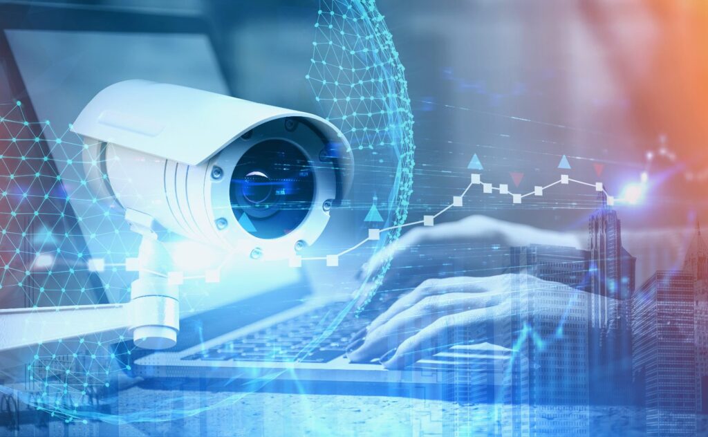 A security camera surrounded by a dynamic digital background with tech-inspired visuals.