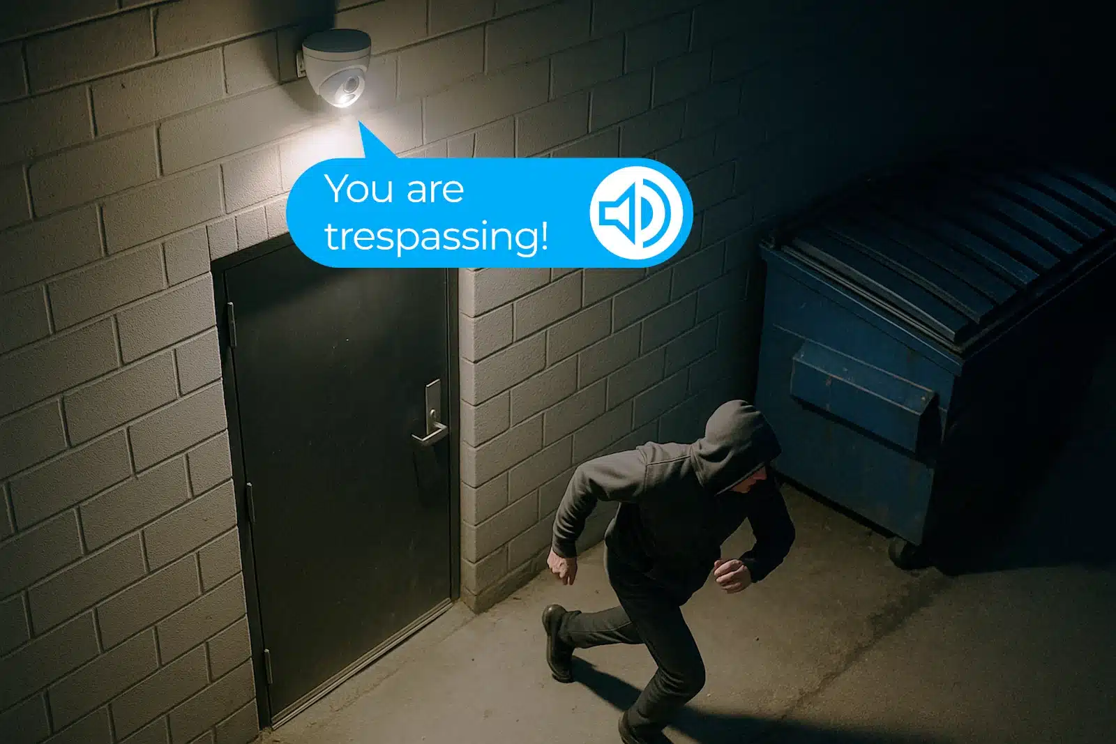 A person wearing a hoodie sprints away from a door, while a security camera with audio capabilities warns, "You are trespassing!"