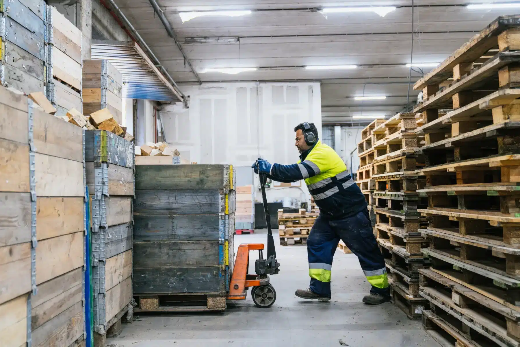 A man in a hi-vis jacket pushes a dolly through a warehouse filled with pallets and boxes.