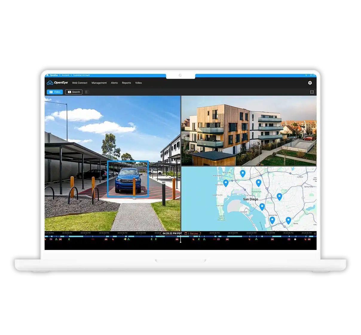 OpenEye Web Services video management platform on laptop displaying multi-view surveillance feeds with vehicle detection, residential/commercial properties, and San Diego map with camera location markers for security monitoring.