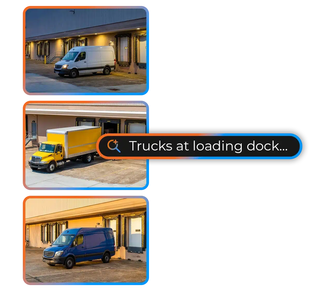 An OWS visual search for "trucks at loading dock" returns three images showing commercial trucks and vans parked in a loading bay