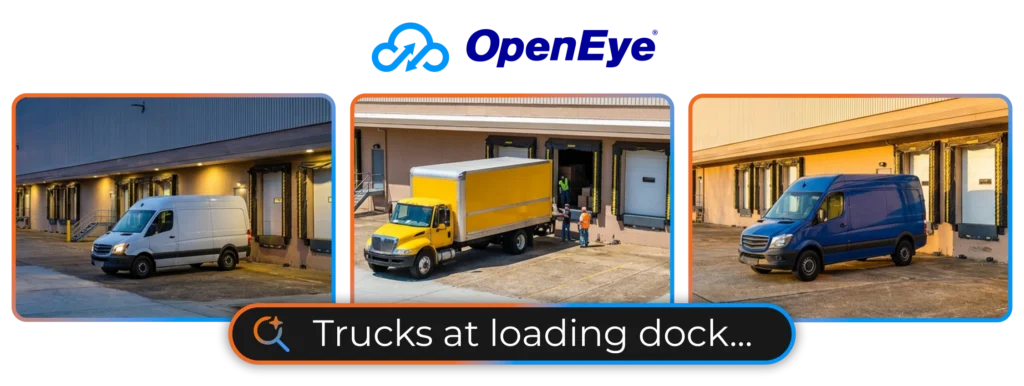 An OWS visual search for "trucks at loading dock" returns three images showing commercial trucks and vans parked in a loading bay