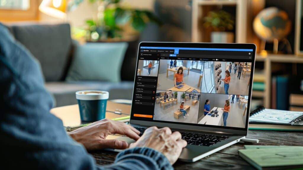 A person uses a laptop to search OpenEye Web Services for individuals wearing orange shirts