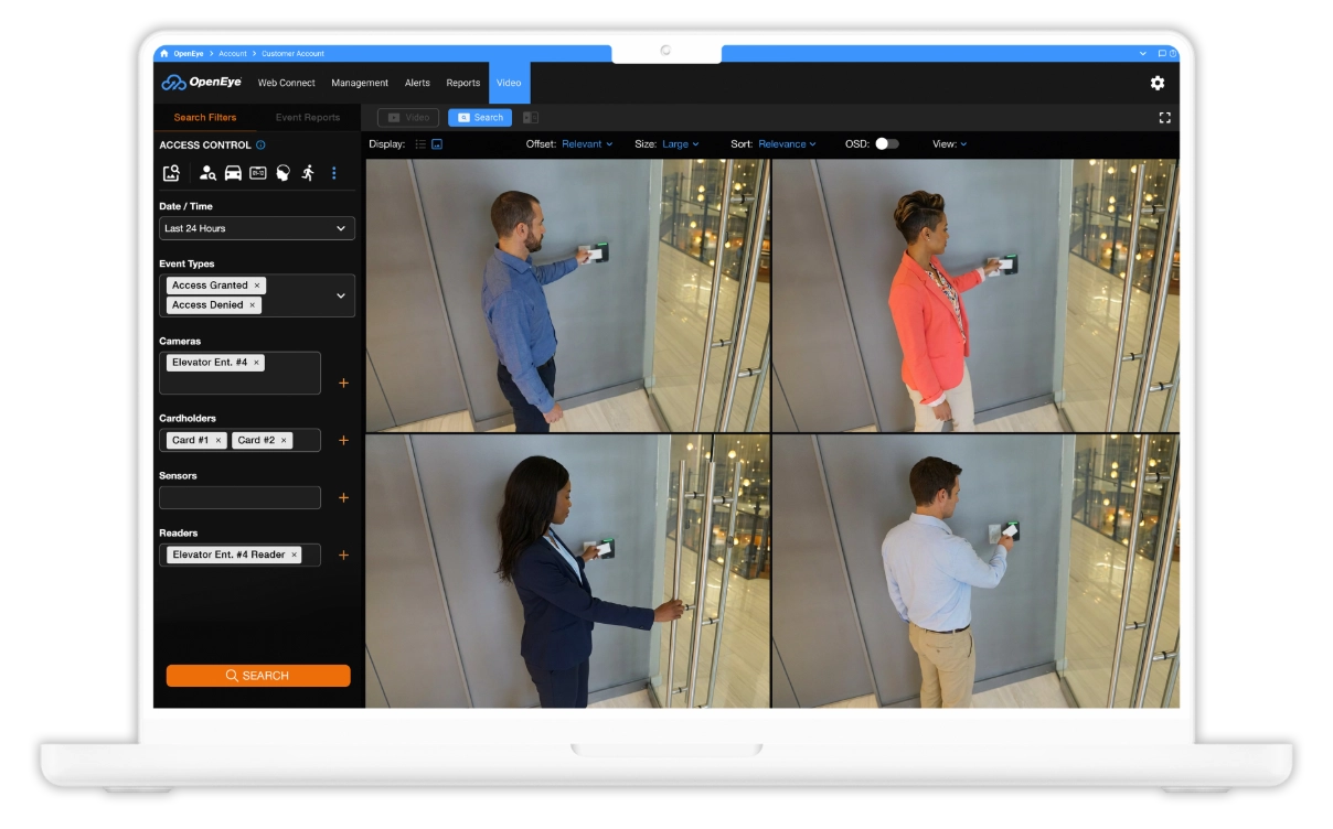 Four camera views in OpenEye Web Services showing different individuals in office setting using access control panel.