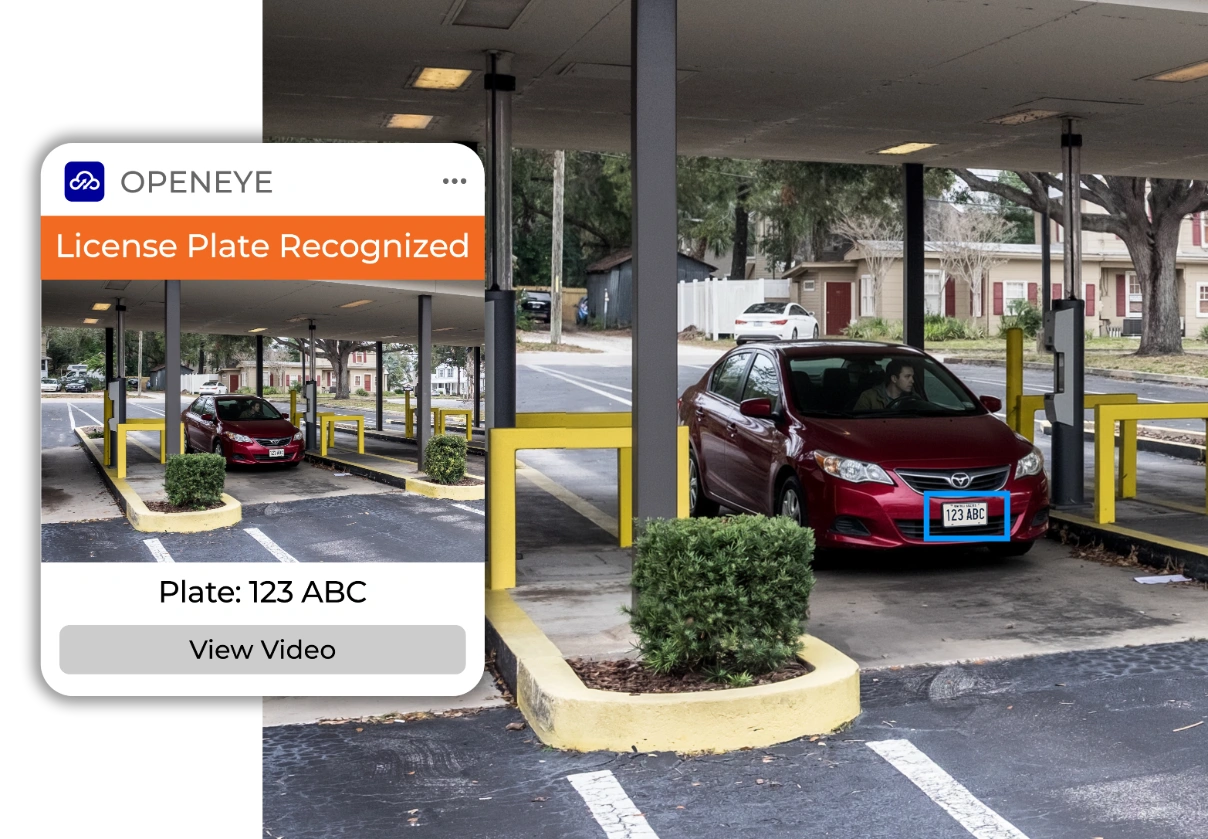 OpenEye Web Services alert that reads "License Plate Recognized. Plate: 123 ABC. View Video" next to camera view of car in bank drive-thru.
