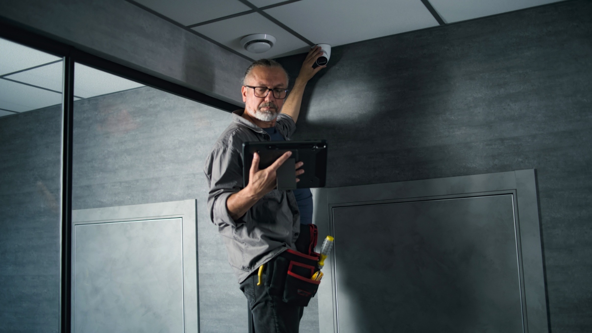 Man installing video security camera while holding a tablet in front of himself.