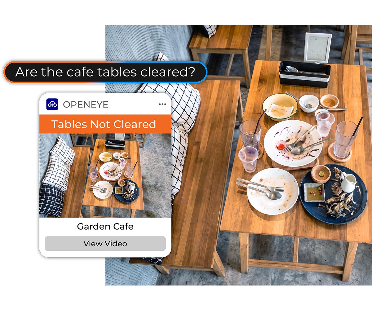 Alert from OpenEye Web Services that reads "Tables Not Cleared. Garden Cafe. View Video" with a prompt above reading "Are the cafe tables cleared?" To the right of this alert shows a restaurant table covered in dirty dishes.