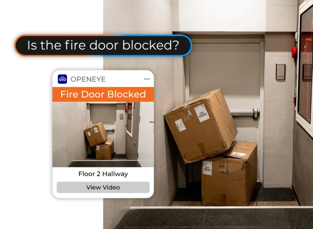 Two stacked cardboard boxes block an exit, with a prompt box appearing on the right side of the scene that reads "Is the fire door blocked?" and an alert beneath it that reads "OPENEYE. Fire Door Blocked. Floor 2 Hallway. View Video."