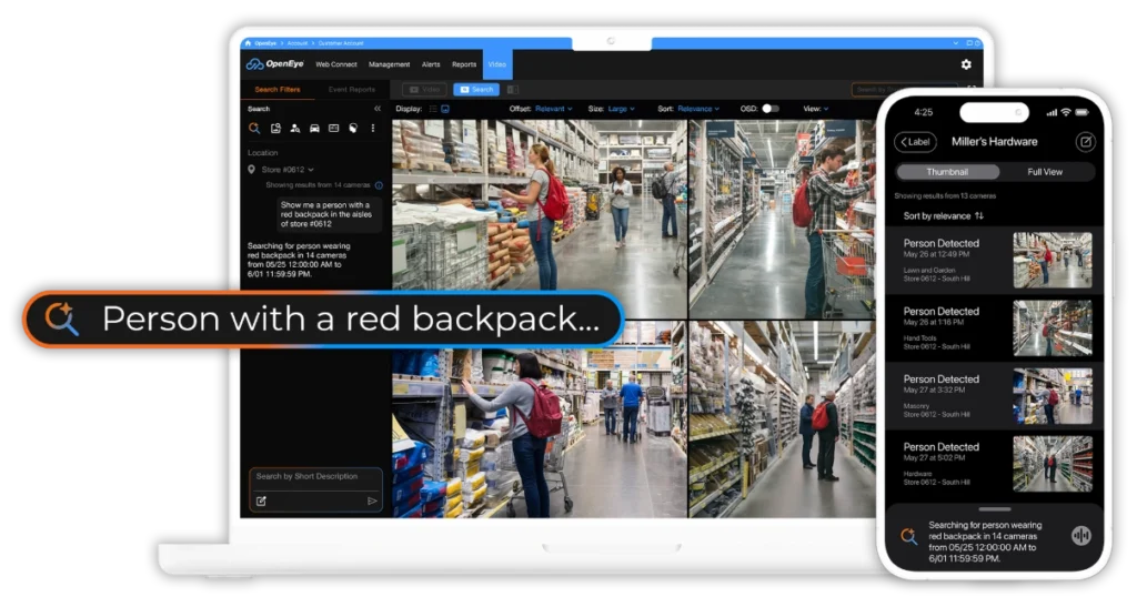 Computer and phone display OpenEye Web Services' AI Visual Search capability, with a search bar displayed alongside that reads "Person with red backpack..." and the corresponding search results displayed on the two screens.