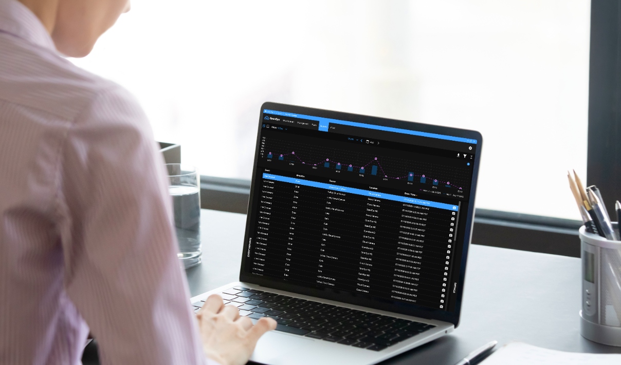 A person looks at a laptop which displays an AI video analytics report in OpenEye Web Services (OWS).