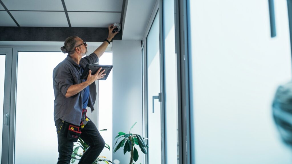 A technician installs a video security camera in an office setting.