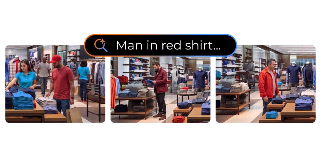 Three camera feeds show three different individuals in red clothing, with a search bar in OpenEye Web Services that reads "Man in read shirt...."