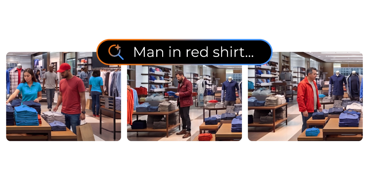 Three camera feeds show three different individuals in red clothing, with a search bar in OpenEye Web Services that reads "Man in read shirt...."