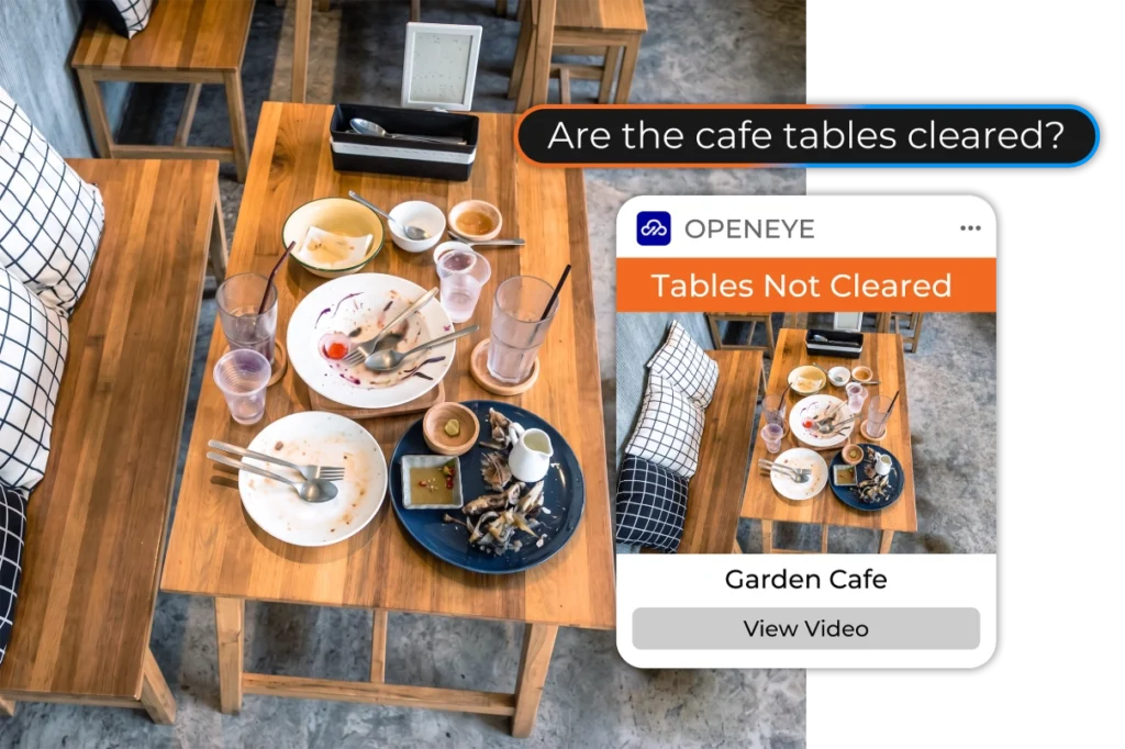 Alert from OpenEye Web Services that reads "Tables Not Cleared. Garden Cafe. View Video" with a prompt above reading "Are the cafe tables cleared?" To the left of this alert shows a restaurant table covered in dirty dishes.