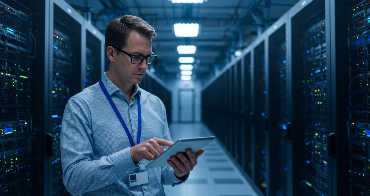 A man stands in a server room looking at a tablet.