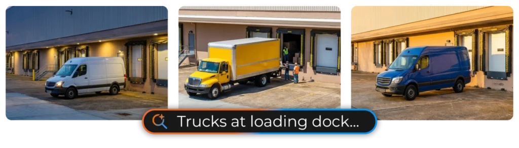 An OWS AI Visual Search for "trucks at loading dock" returns three images showing commercial trucks and vans parked in a loading bay.