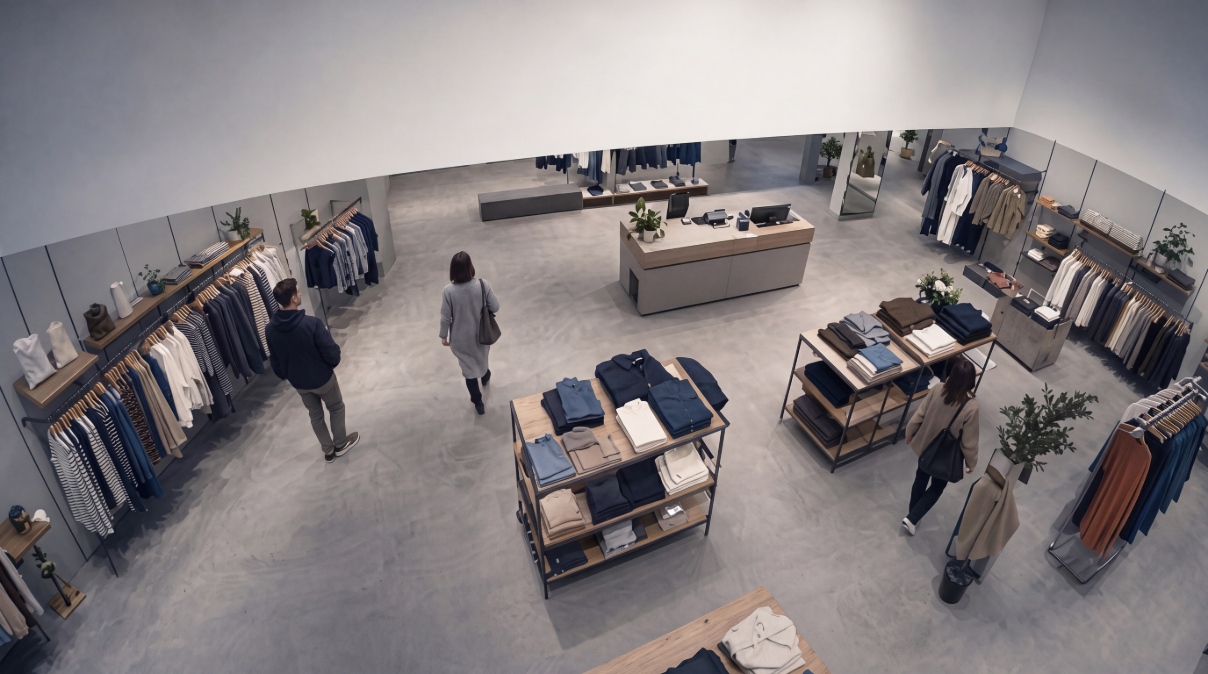 Three shoppers walk around a clothing retail store.